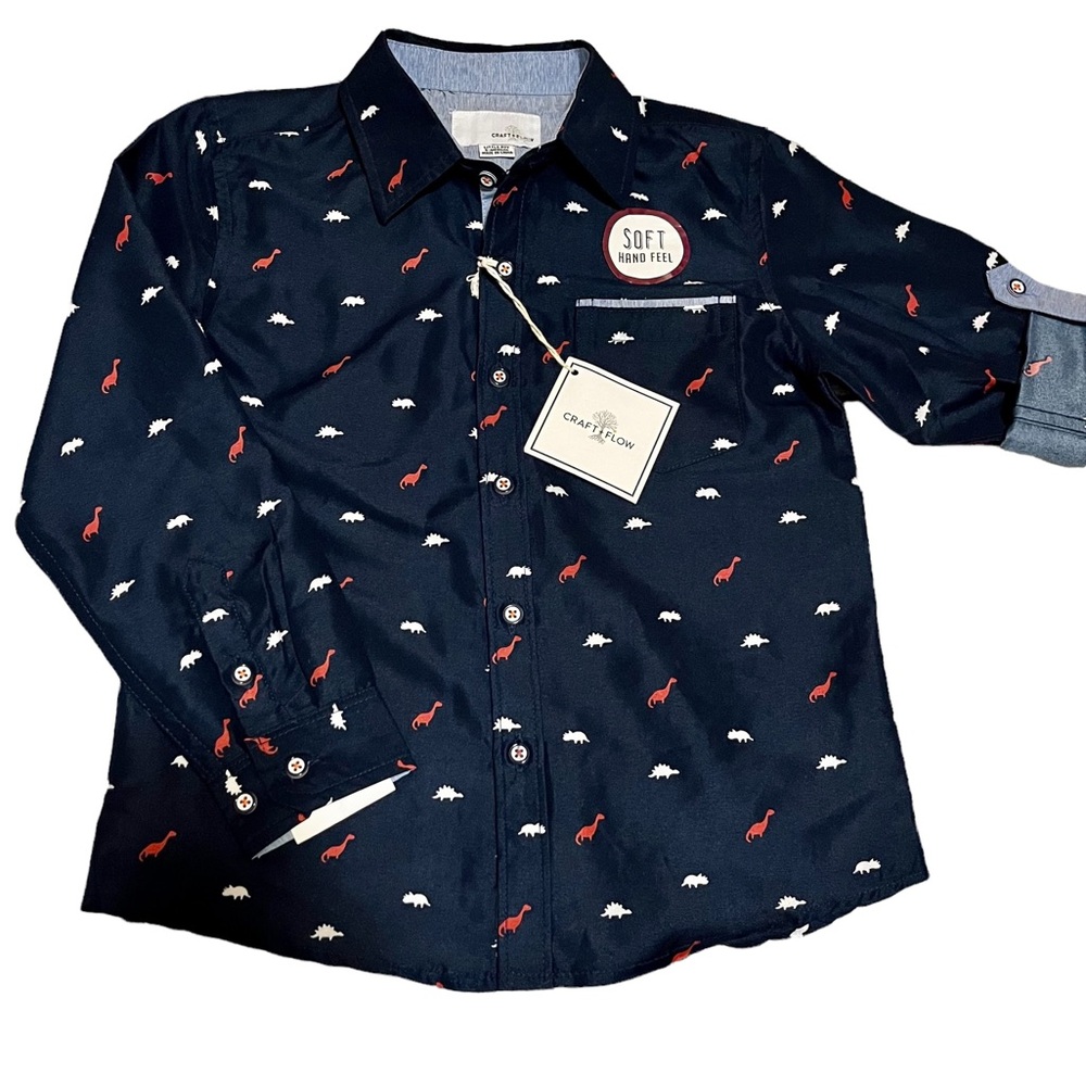 Craft & Flow Navy Button Down with Red and White Dinosaur Print size 5